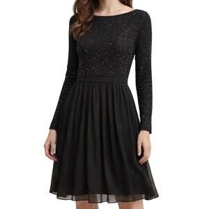 Alice + Olivia Black Sequin Knit Fit & Flare Dress Long Sleeve Silk Skirt Small